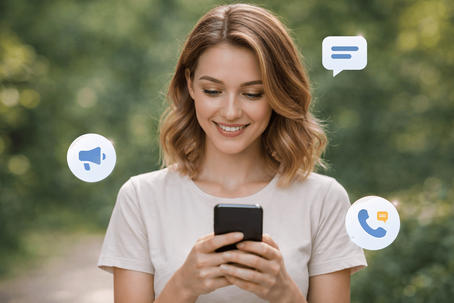 Client smiling while reading a smart reminder on her phone