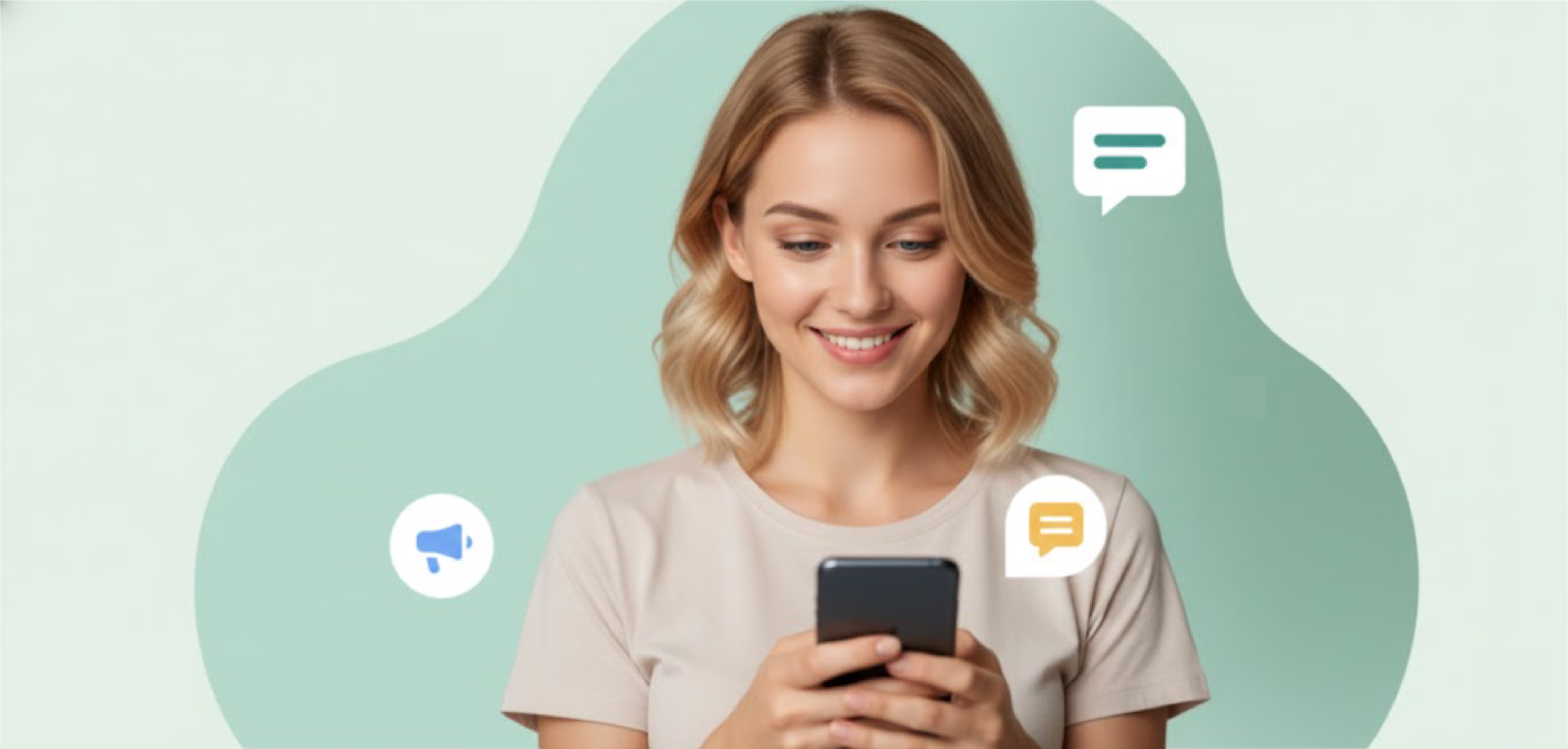 Client smiling while reading a smart reminder on her phone